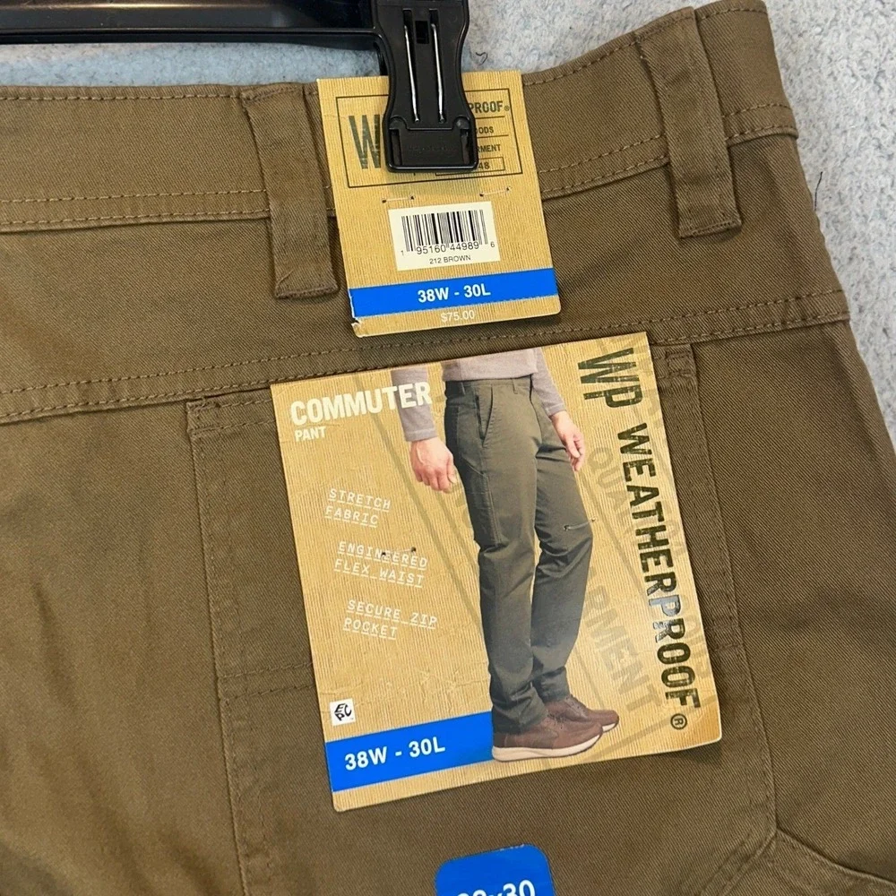 NEW Weatherproof Commuter Pants Mens 38X30 Brown Chino Flex Waist Stretch Casual